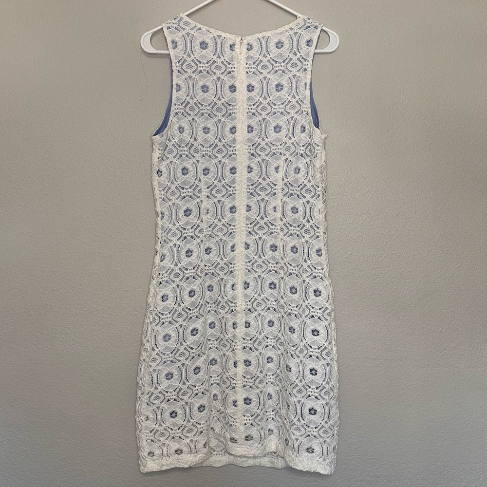 Sharagano White Cottagecore Crochet Lace Dress with Light Blue Lining - Picture 3 of 3